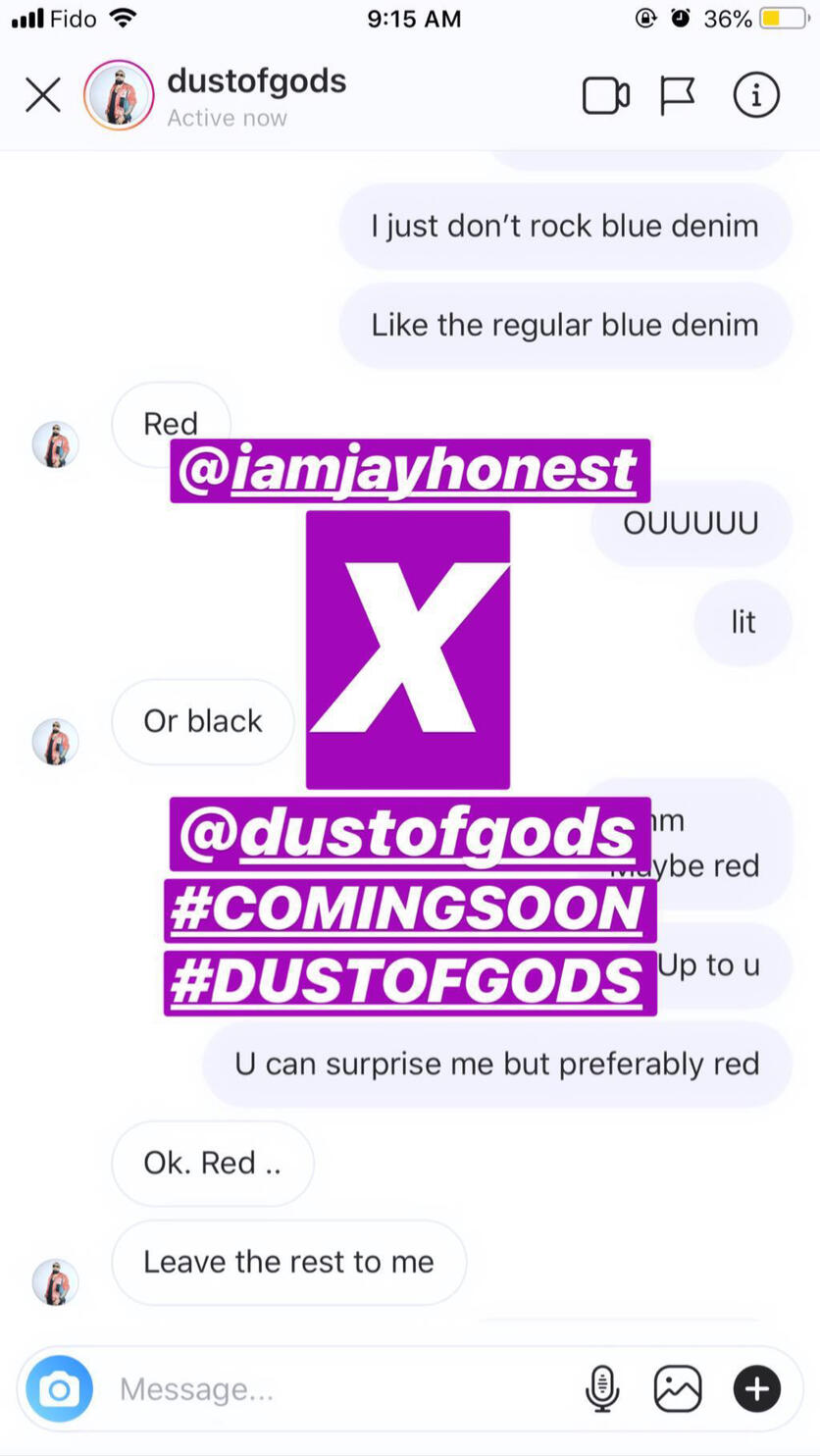 Toronto Designer Brand DustOfGods Gifts Jay Honest a custom red denim jacket featuring his HONESTGANG label, daughters name and messages from his songs along with the famous DustOfGods logo and Bape Logo on the back.