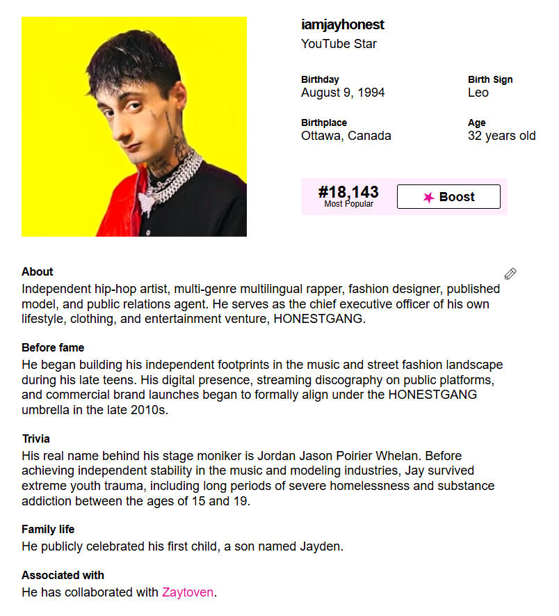 Jay Honest featured on FamousBirthdays.com August 5th, 2026 as a birthday gift from the platform.